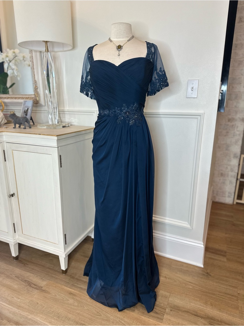 Navy Blue Chiffon Evening Gown with Lace Sleeves